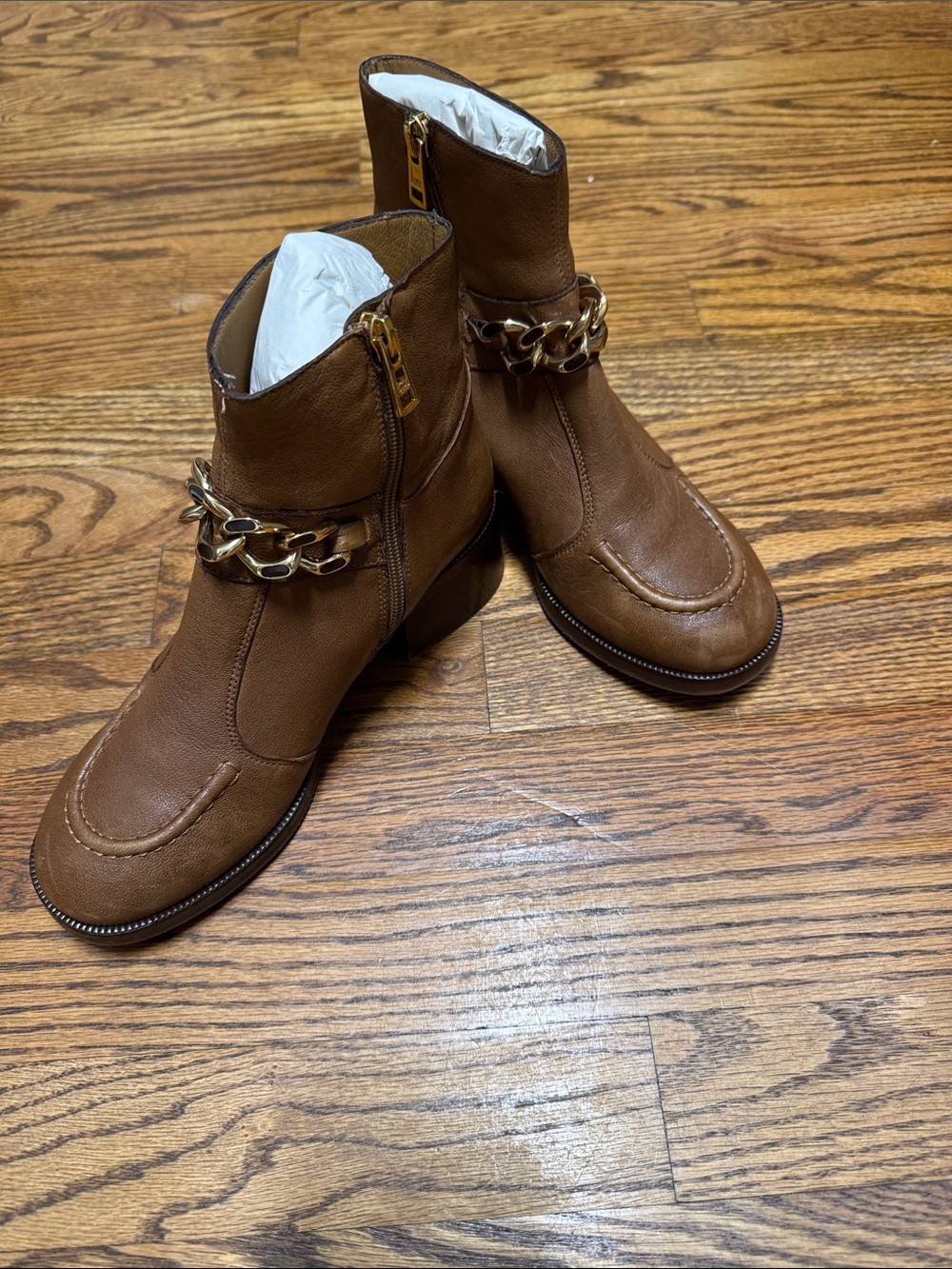 See by Chloé Dandy Chain Ankle Boots Light Brown Leather Booties 6.5